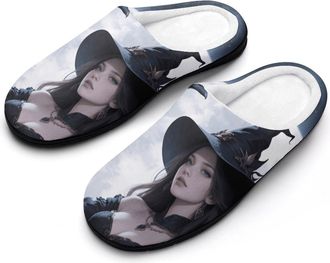 Generic Witch And Raven Moon Mens House Slippers Memory Foam Washable Cotton Slip on Home Shoes