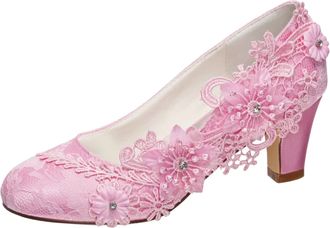 Emily Bridalwear Wedding Shoes Womens Silk Like Satin Chunky Heel Pumps with Stitching Lace Flower Crystal Pearl (EU41/UK7.5, Pink)
