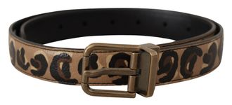 Dolce & Gabbana Womens Brown Leather Leopard Print Bronze Metal Buckle Belt - One Size