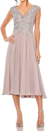 Mac Duggal Embroidered Beaded Midi Dress with Cap Sleeves in Vintage Lilac at Nordstrom, Size 12