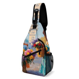 Generic Flower Seller Painting Paris Unisex Shoulder Bags Casual Crossbody Chest Bag Sling Backpack for Hiking Cycling Travel
