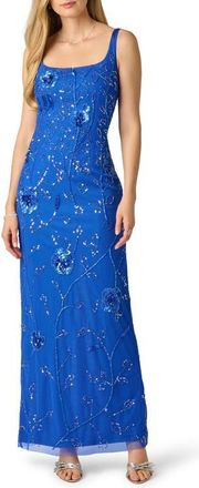 Adrianna Papell Beaded Mesh Column Gown in Brilliant Sapphire at Nordstrom, Size 10