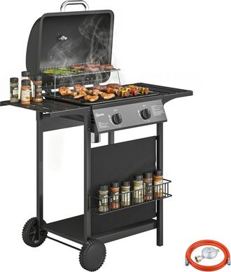 OUTSUNNY Barbacoa De Gas Bbq Gas Con 2 Quemadores 5 Kw, Term&oacute;metro, Mesas Laterales, Estante, Rejilla Calentadora, Bandeja De Grasa Y 2 Ruedas, Negro