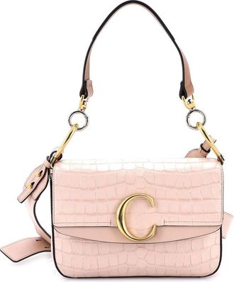 Chlo&eacute; Beige Croc-Embossed Sheep Leather C Double Carry Bag Small (Authentic Pre-Loved)