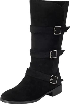 Generic Womens Retro Mid Calf Boots Round Toe Med Block Heel With Platform And Adjustable Side Buckle Strap Closure