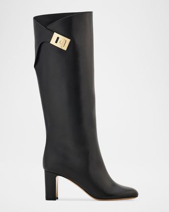 Ferragamo 70mm Elli Leather Knee-High Boots