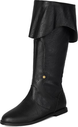 Generic Womens Vintage Round Toe Faux Leather Knee High Boots Fold-Over Cuff Metal Studs Flat Boots Stylish Comfortable For Cosplay Fashion Daily,Black,8.5 UK