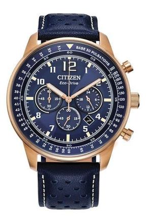 Citizen Eco-Drive Leather Strap Chronograph Watch, 44mm in Blue at Nordstrom Rack