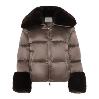 Manila Grace Korte satijnen puffer met imitatiebont - Dames - Jassen - Bruin - Maat: S Satijn