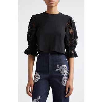 Cinq &agrave; Sept Mixed Media Puff Sleeve T-Shirt in Black at Nordstrom Rack, Size X-Large
