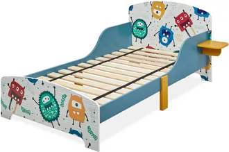 Relaxdays Relaxdays - Cama Infantil Con Estante, Baja, Somier L&aacute;minas, Barandillas, Dise&ntilde;o Monstruos, Mdf, 60x94x143 Cm, Multicolor