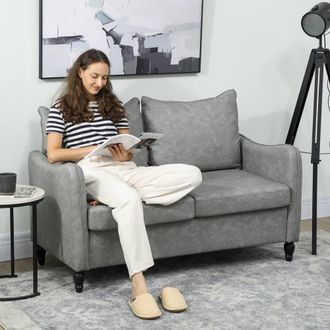 HOMCOM Modern 2 Seater Sofa, PU Leather Upholstered Loveseat Settee in Grey