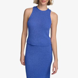 Calvin Klein Top Womens Dazzling Blue Ribbed Crew Neck Sleeveless KFC1108
