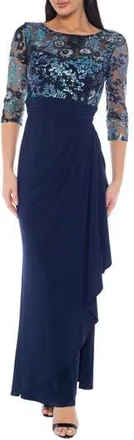 OLEG CASSINI Mesh Sequin Three-Quarter Sleeve Gown in Navy at Nordstrom Rack, Size Medium