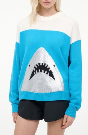 Staud Reya Sequin Shark Cotton Blend Sweater in Great White at Nordstrom, Size X-Small