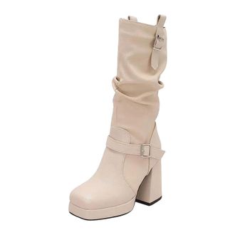 Generic Womens Retro Mid Calf Boots Round Toe Super High Thick Heel Platform With Easy Slip On Design Casual Tall Booties