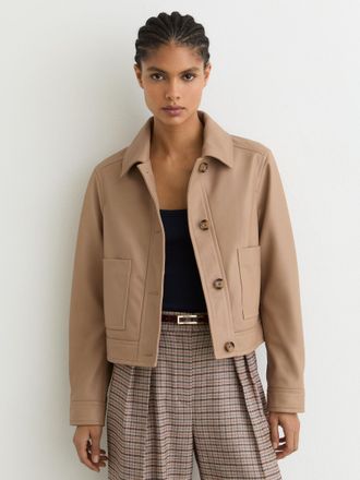 Reiss Neutral Petite Leather Trucker Jacket, 10