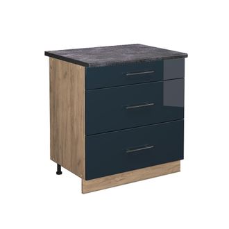 Vicco Mueble Bajo De Cocina Fame-line, Azul Oscuro Alto Brillo, 80 Cm Con 3 Cajones, Et Antracita