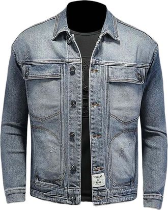 Generic Mens Vintage Denim Jacket Heavy Duty Jackets Men Bomber Style Coat Flannel Lined Outerwear Rugged Work Coats Buttoned Cuffs Outerwears For Button Down