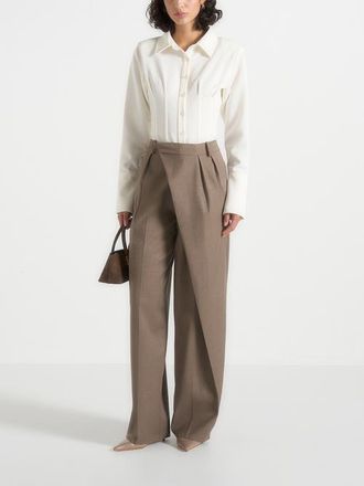 Mani&egrave;re De Voir Colette Draped Wrap Front Pleated Trousers in Taupe at Nordstrom, Size 10
