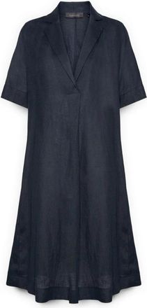 Elena Miro Jurk met V-hals en revers - Dames - Korte kleedjes - Blauw - M - Linnen - Kleedjes