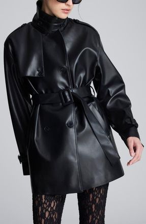 Kenneth Cole Double Breasted Faux Leather Trench Coat in Black at Nordstrom, Size X-Large