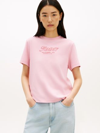 Tommy Hilfiger Kurzarmshirt TOMMY HILFIGER TILT GRAPHIC REG C-NK SS TEE, Damen, Gr. L (42/44), bonita pink, Single Jersey, Obermaterial: 100% Baumwolle, bedruckt, un