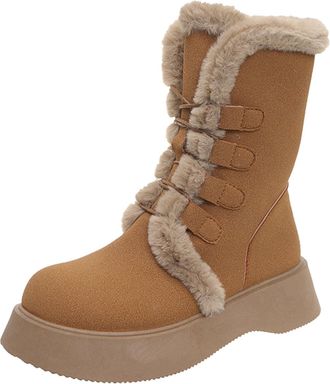 Generic Ladies Snow Boots Ladies Black Boots Womens Winter Tie Down Mid Tube Booties High Plus Velvet Thickened Warm Casual Fashion Versatile Thick Edged Cott