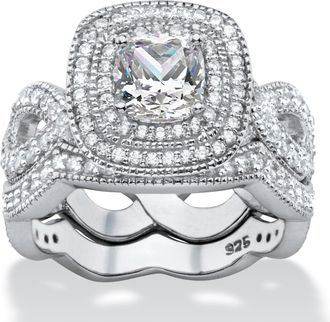 Palm Beach Jewelry 1.92 Cttw. Cubic Zirconia Platinum Plated Silver 2 Piece Halo Bridal Ring Set