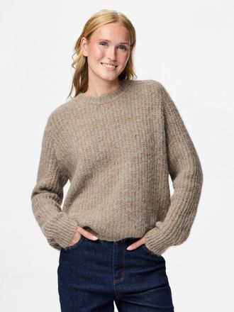 Pieces Strickpullover PIECES PCCLEO LS O-NECK CHUNKY KNIT NOOS BC, Damen, Gr. XXL, greige detail:melange, Strick, Obermaterial: 76% Polyester, 16% Nylon, 6% 