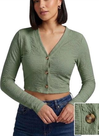 Double Zero Classic Crop Button Down Top In Sage Green