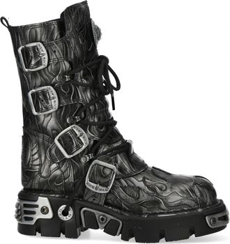 New Rock M-591-C63 Mid-Calf High Black Steel Leather Metallic Gothic Boots