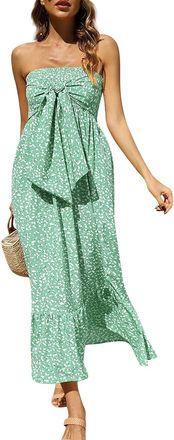 Generic Ladies Dresses Clearance, Womens Summer Casual Floral Print Strapless A Line Maxi Dresses Off The Shoulder Holiday Beach Party Long Dress for Wedding 