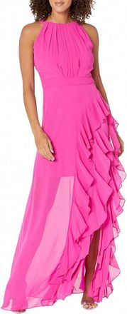 Betsy & Adam Long Chiffon Halter Dress In Hot Pink