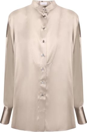 Brunello Cucinelli Shirt met mandarijnkraag - Dames - Overhemden - Beige - M - Satijn - Overhemden