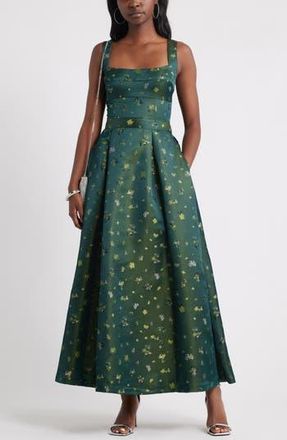 Chelsea28 Pleated Seamed Bodice Jacquard Maxi Cocktail Dress in Green Ponderosa at Nordstrom Rack, Size Small