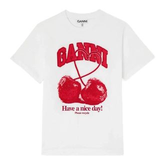 Ganni Basic Katoenen Jersey Kersen T-shirt - Dames - Tops - Wit - Maat: M Katoen
