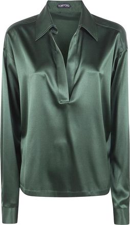 Tom Ford Stretch Zijden Satijnen Polo - Dames - Blouses - Groen - M - Satijn - Overhemden