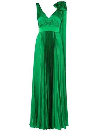 Nissa bow-detail pleated maxi dress - Green
