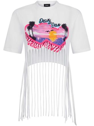 Dsquared2 graphic-print fringed T-shirt - women - Cotton - M - White
