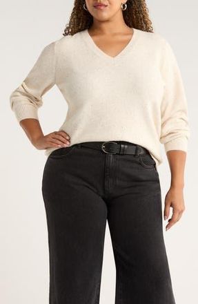 Caslon Sequin V-Neck Sweater in Beige Oatmeal Light Heather at Nordstrom Rack, Size 1X