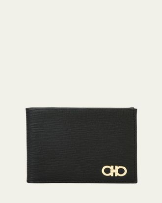 Ferragamo Mens Revival Gancini Bi-Fold Leather Wallet with Window, Black