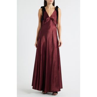 Lucy Paris Holly Velvet Tie Hammered Satin Gown in Burgundy at Nordstrom, Size Medium