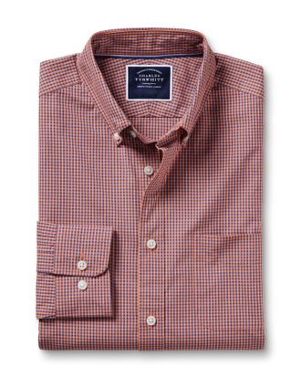 CHARLES TYRWHITT Button-Down Collar Non-Iron Stretch Poplin Mini Gingham Cotton Shirt - Light Coral Pink Single Cuff Size Medium by Charles Tyrwhitt