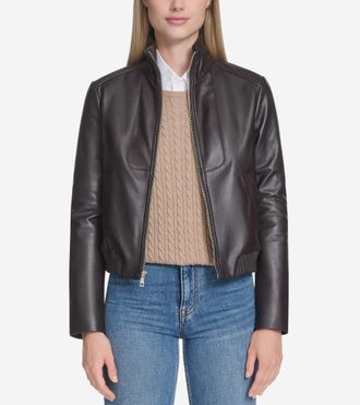 Cole Haan Womens Stand Collar Leather Bomber Jacket - Brown Size Large