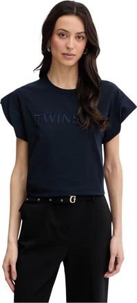 Twinset T-shirt met kapmouwtjes en geborduurd logo - Dames - T-shirts - Blauw - XS - Katoen - Tops