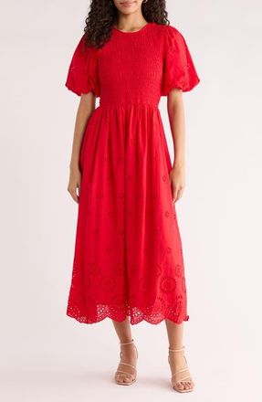 Sugarlips Deana Eyelet Smocked Midi Dress in Red at Nordstrom, Size X-Small