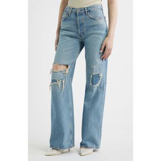 Re/Done High Waist Ripped & Repaired Wide Leg Jeans in Age Worn Blue at Nordstrom, Size 27
