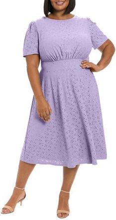 London Times Eyelet Short Sleeve Empire Waist Midi Dress in Violet Tulip at Nordstrom Rack, Size 18W