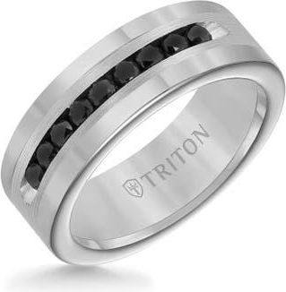 Triton 8MM Ring with Channel Set Black Diamonds Silver Satin Finish and Round Edge in Metallic Silver at Nordstrom, Size 10.5